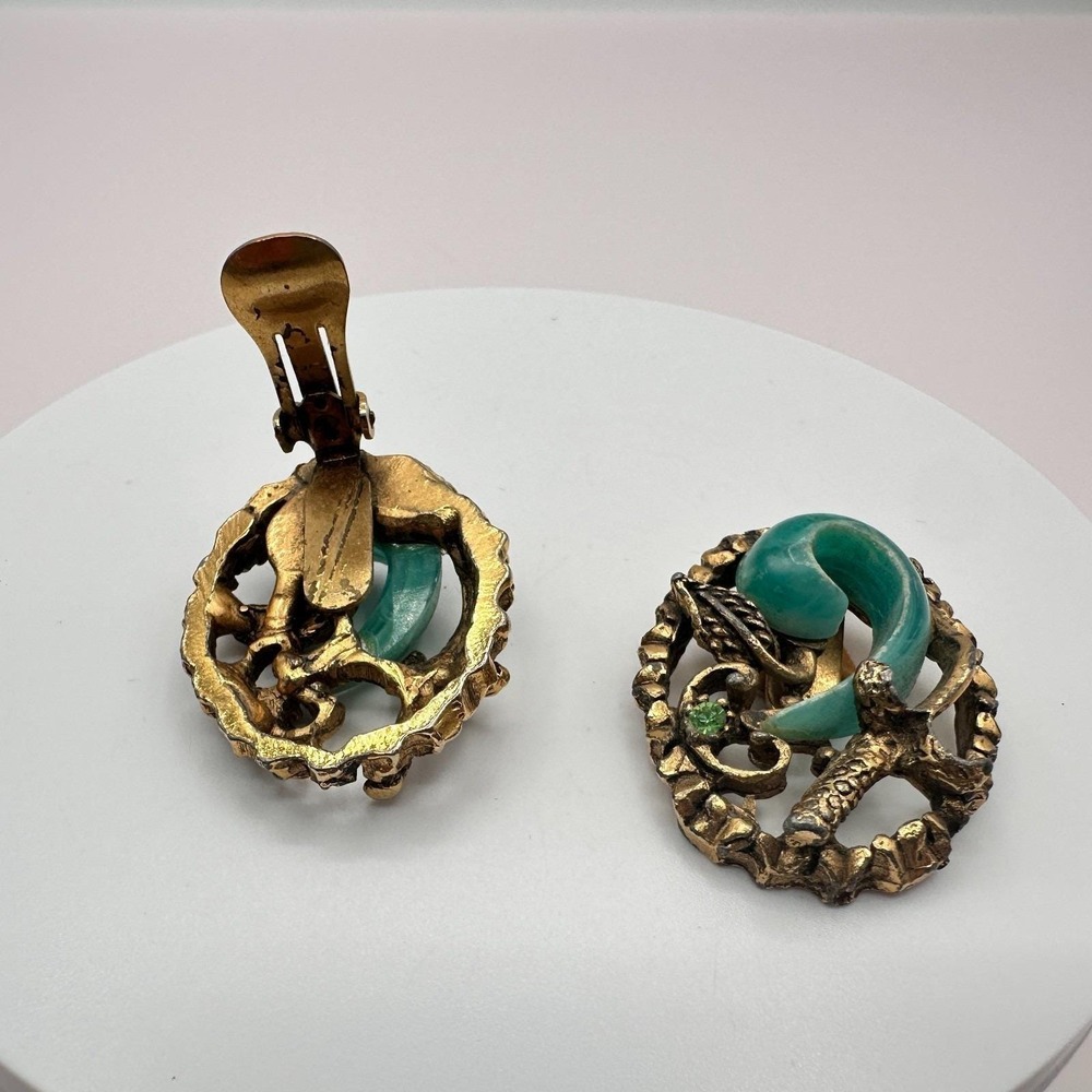 Vintage 80s Brass Tone Turquoise Green Cabochon Statement Clip Earrings Jewelry - Picture 8 of 9